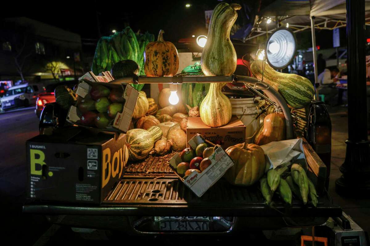 A truck-load of pumpkins, gourds and other vegetables for sale in Fruitvale. The recent influx of Guetemalan residents to the area has made the neighborhood a hub for evening food vendors.