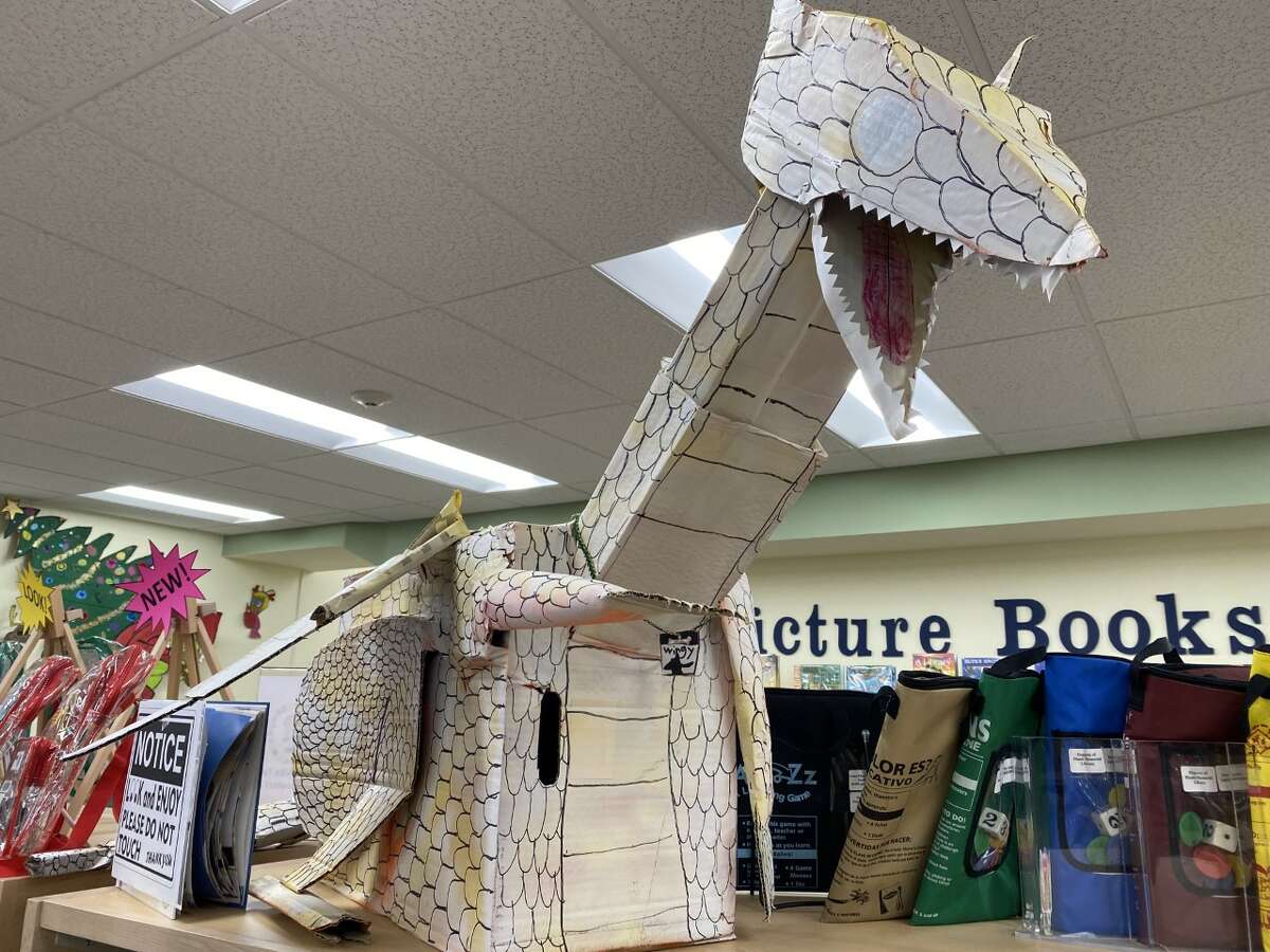 Kristin Skane and Frank Longo, 7, created this dragon as part of the Plumb Memorial Library Cardboard Challenge. 