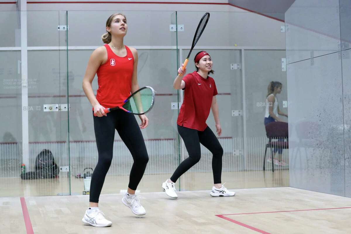 Stanford University squash team’s Lucia Bicknell and Si Yi Ma during practice in Stanford, Calif., on Wednesday, December 7, 2022.