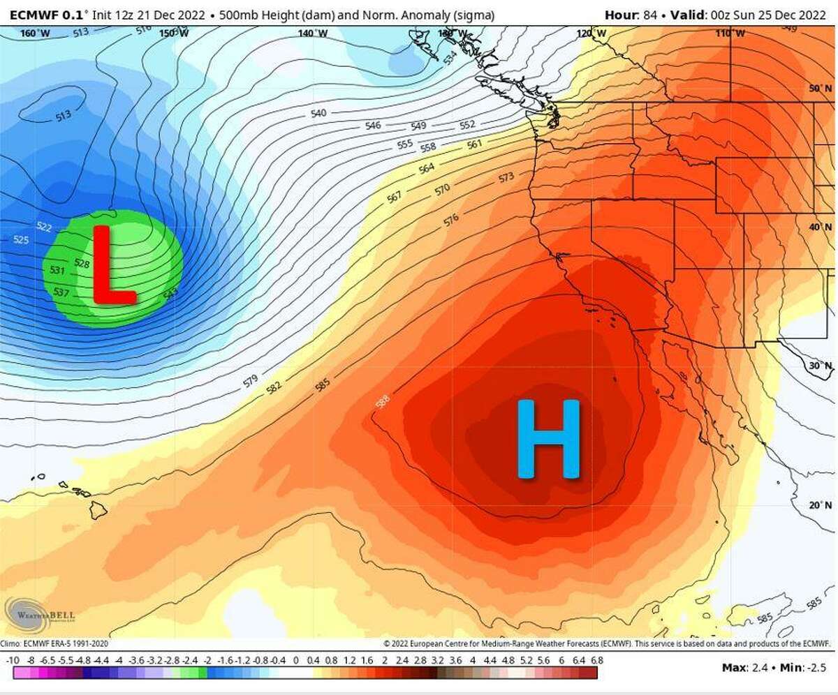A ridge of high pressure is set to build over California this holiday weekend, bringing above-average temperatures to the Bay Area, Sacramento Valley, Central Coast and Southern California. This warmth will last through December 26 before a low-pressure system from the central Pacific Ocean undercuts the ridge and comes ashore on December 27. That low will shift the weather pattern back to cool and wet, bringing with it heavy rainfall across much of the Golden State.