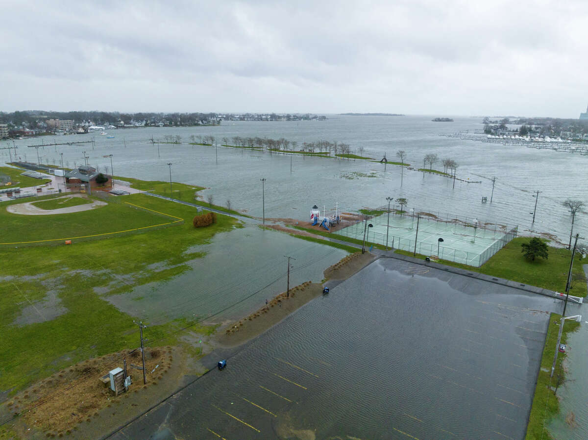 A drone presumption    of Veterans Park shows rising flood waters Friday, Dec. 23 successful  Norwalk.