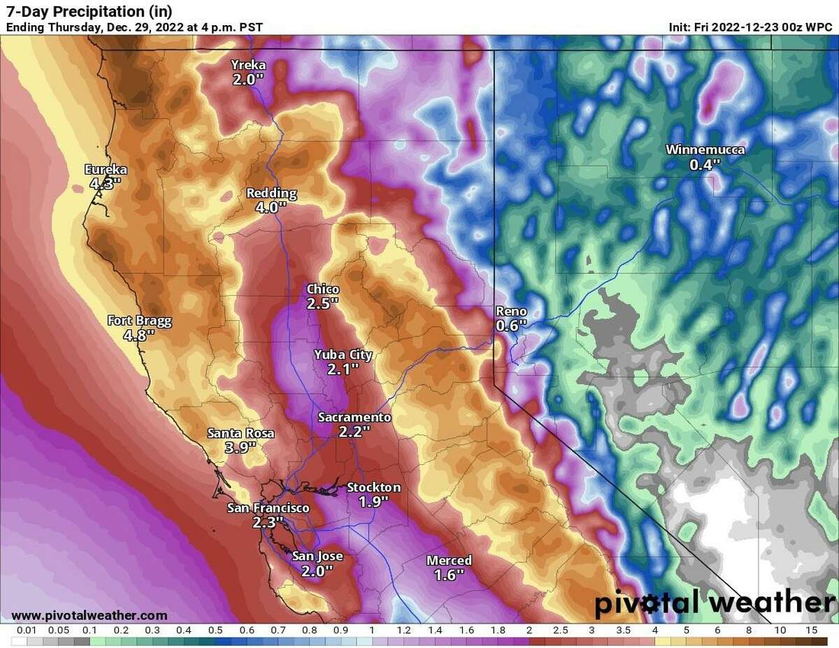 根据天气预报中心的预测，北加州、半岛大部分地区、东湾和旧金山湾沿岸城市的降雨量预计将达到2英寸。更高的总量将集中在圣克鲁斯山脉、马林岬和北湾高地，沿着29号和101号高速公路向圣罗莎北部前进。