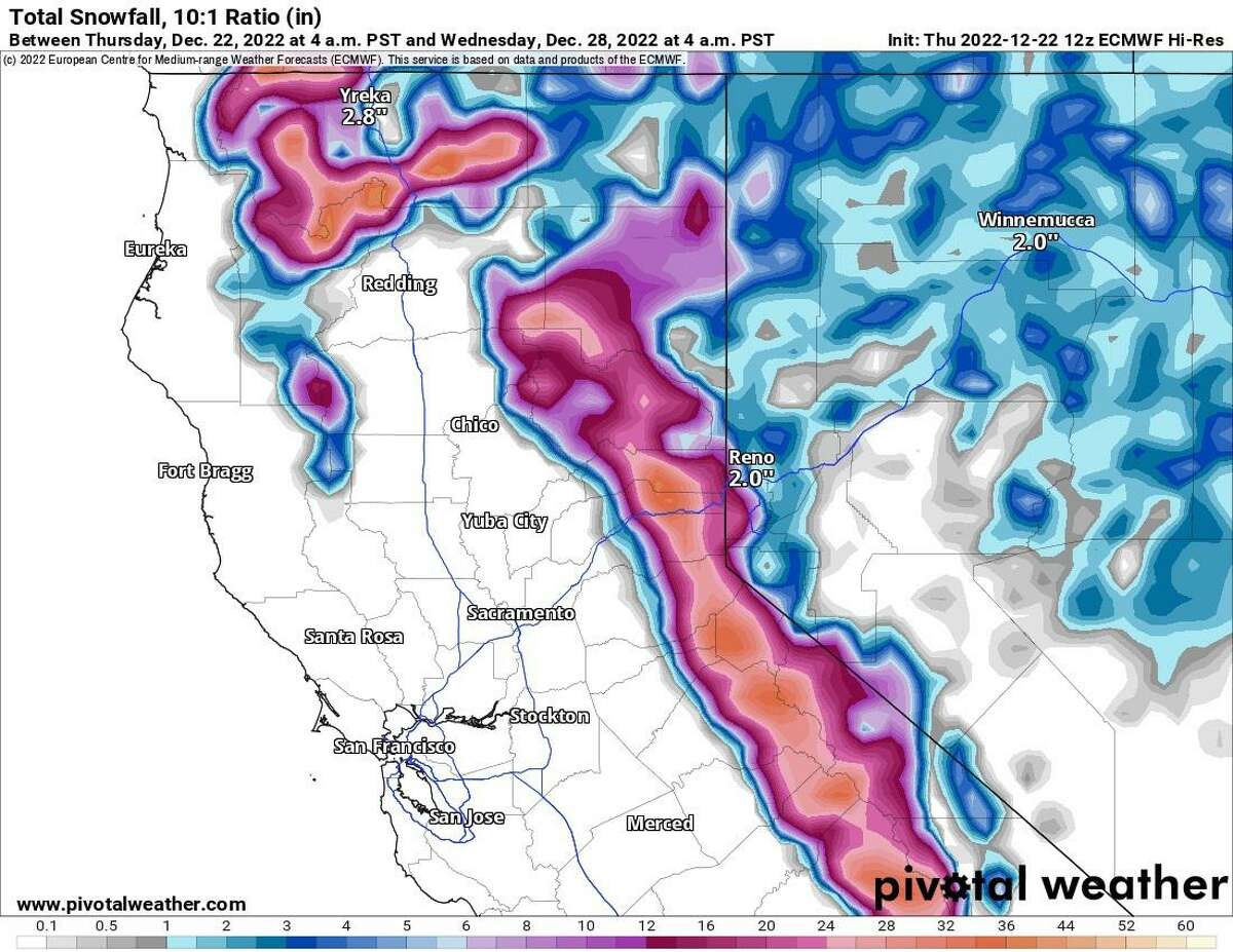 The European weather model’s forecast snowfall totals for Tuesday in Northern California, with the highest totals — more than 30 inches — expected along the summits of the Sierra Nevada. These include the Tahoe area and peaks around Mammoth Lakes.