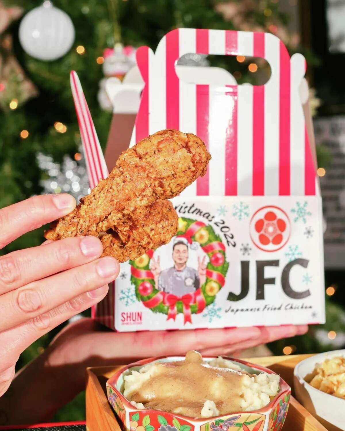 The Japanese Fried Chicken or JFC combo at Shun Japanese Kitchen. The box is $45 and comes with a variety of food, including fried chicken, curry rice, truffle mac n' cheese, a miso brown butter biscuit, and mashed potatoes with a Wagyu gravy. Source: @eatingwithstephanho