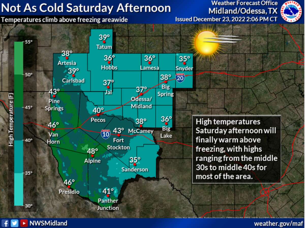A warming trend will begin on Saturday, with highs across Southeast New Mexico and West Texas forecast to warm above freezing Saturday afternoon. Temperatures will top out in the middle 30s to middle 40s for most under mostly sunny skies.