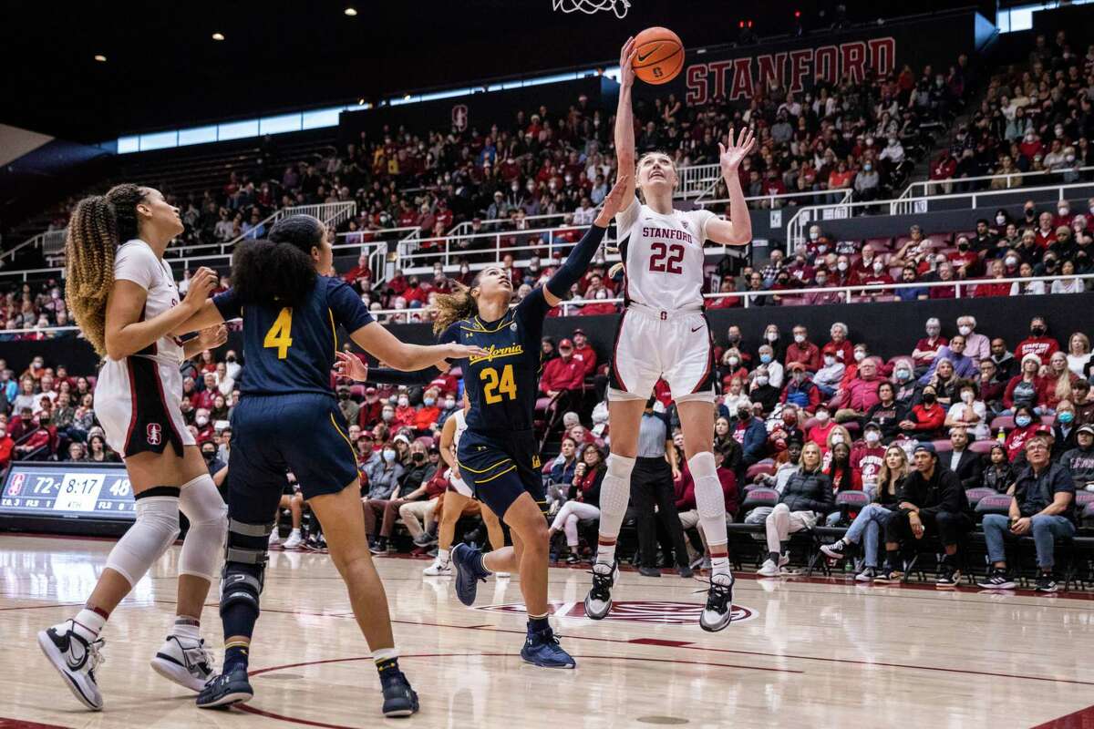 Stanford forward Cameron Brink (22) heads for the basket as Cal forward Evelien Lutje Schipholt (24) defends in the second half.