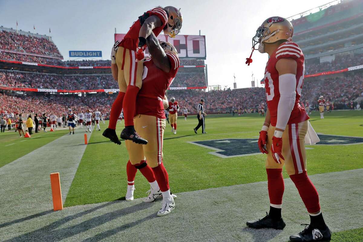 Ray-Ray McCloud (3) celebrates his touchdown in the first half as the San Francisco 49ers played the Washington Commanders at Levi’s Stadium in Santa Clara, Calif., on Saturday, December 24, 2022.