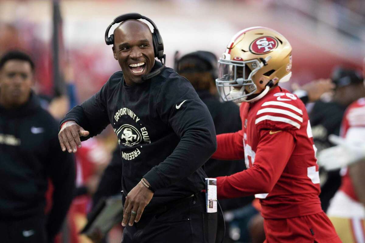San Francisco 49ers defensive coordinator DeMeco Ryans reacts after a defensive stop during the second half of his NFL football game against Washington Commanders in Santa Clara, Calif., Saturday, Dec. 24, 2022. The 49ers defeated the Commanders 37-20.