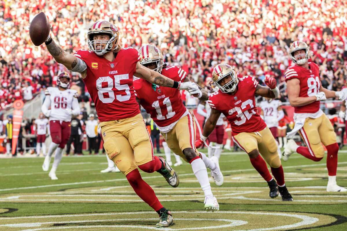San Francisco tight end George Kittle (85) celebrates after scoring a 34-yard touchdown on the 49ers’ first possession of the second half.