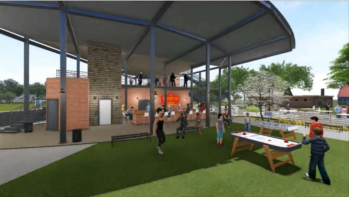 A rendering of Brooklyn StrEat Food Park has multiple floors of seating.