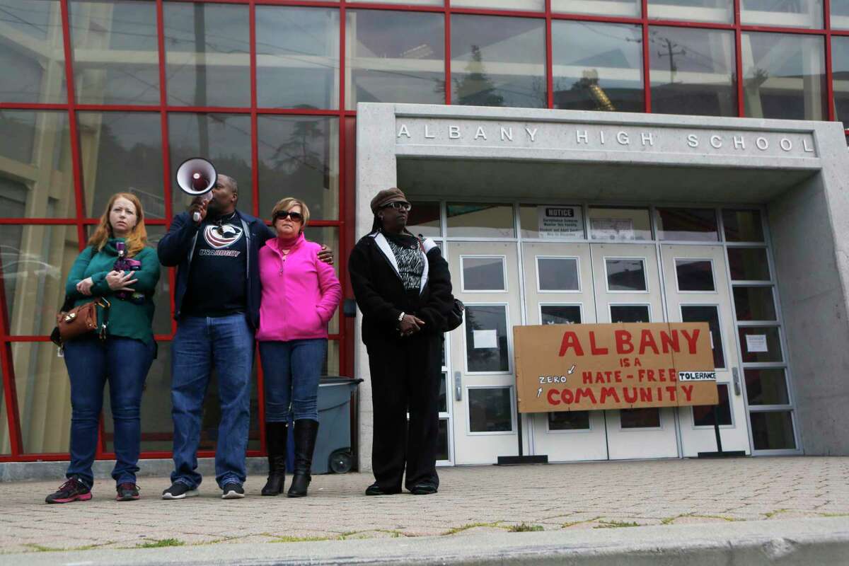 Parents of Albany High School students affected by racist photos posted on Instagram speak at a gathering in March 2017. On Tuesday, an appeals court upheld the school’s expulsion of the student who made the posts.