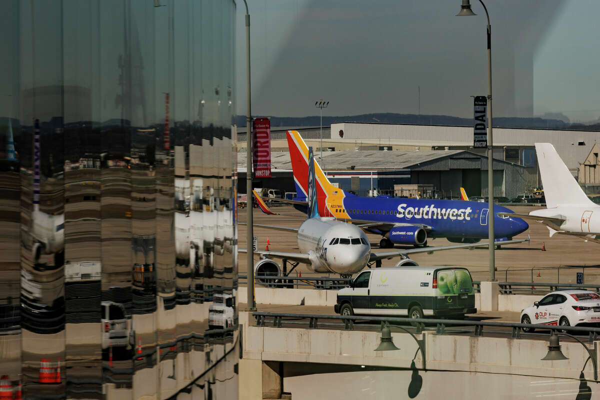 Airplanes at San Antonio International Airport, Tuesday morning, Dec. 27, 2022. Nearly all Southwest Airlines flights were canceled on Tuesday.