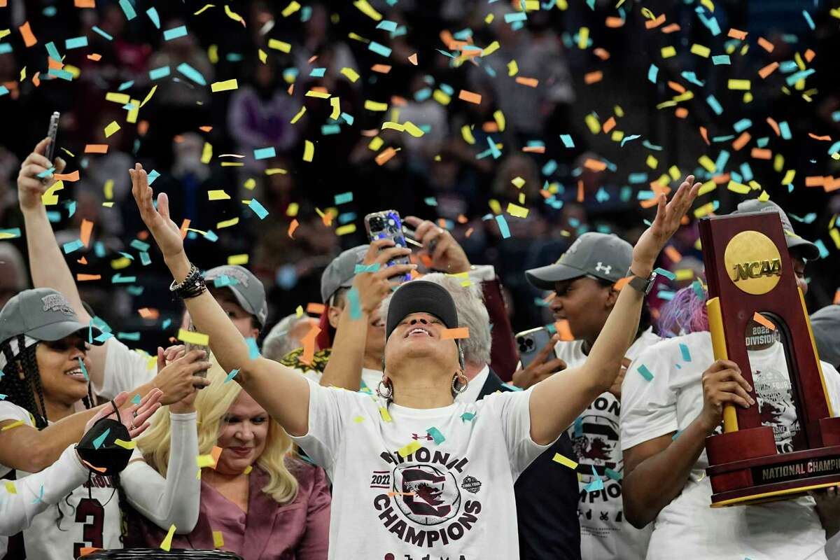 South Carolina head coach Dawn Staley celebrates after her team won the NCAA title.