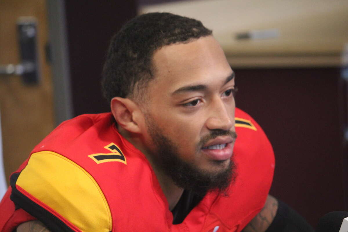 Former Ferris State Harlon Hill trophy winner Jayru Campbell is pictured here during a Bulldog press conference in 2019.
