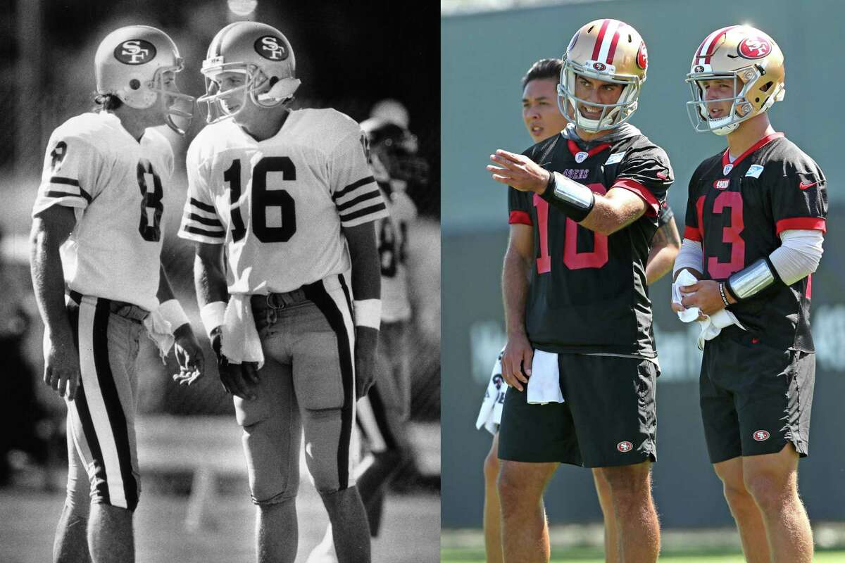 LEFT: Talking very briefly during one of the morning workouts, Steve Young and Joe Montana will be competing for the same job. The photo was taken July 29, 1987. (Steve Ringman/The Chronicle) RIGHT: San Francisco 49ers’ Jimmy Garoppolo and Brock Purdy during practice in Santa Clara, Calif., on Thursday, September 1, 2022. (Scott Strazzante/The Chronicle)