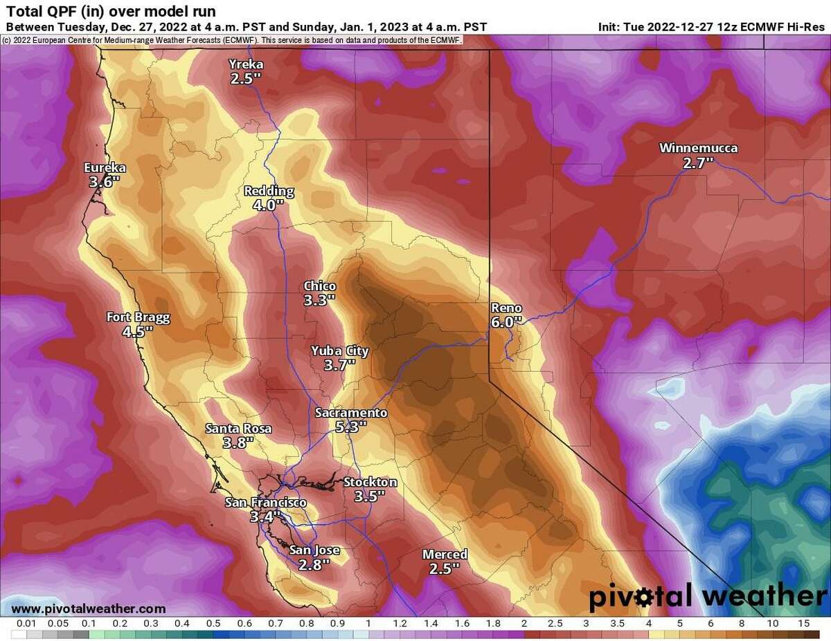 Rainfall accumulations forecast for Northern California between Thursday and New Year’s Eve, with totals exceeding 3 inches on the Peninsula and elevated terrain across the Bay Area. Even higher totals — up to 5 inches — are on tap for the foothills of the Sierra Nevada, though most of that will likely fall as snow.
