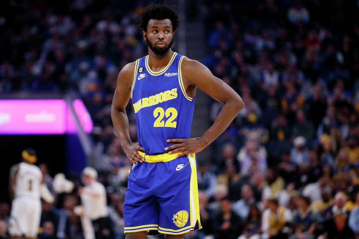 Golden State Warriors forward Andrew Wiggins (22) in the first quarter of an NBA game against the Denver Nuggets at Chase Center in San Francisco, Calif., Friday, Oct. 21, 2022.