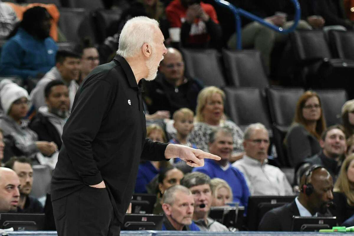 Spurs head coach Gregg Popovich yells at an official during the first half of Tuesday night’s game in Oklahoma City.