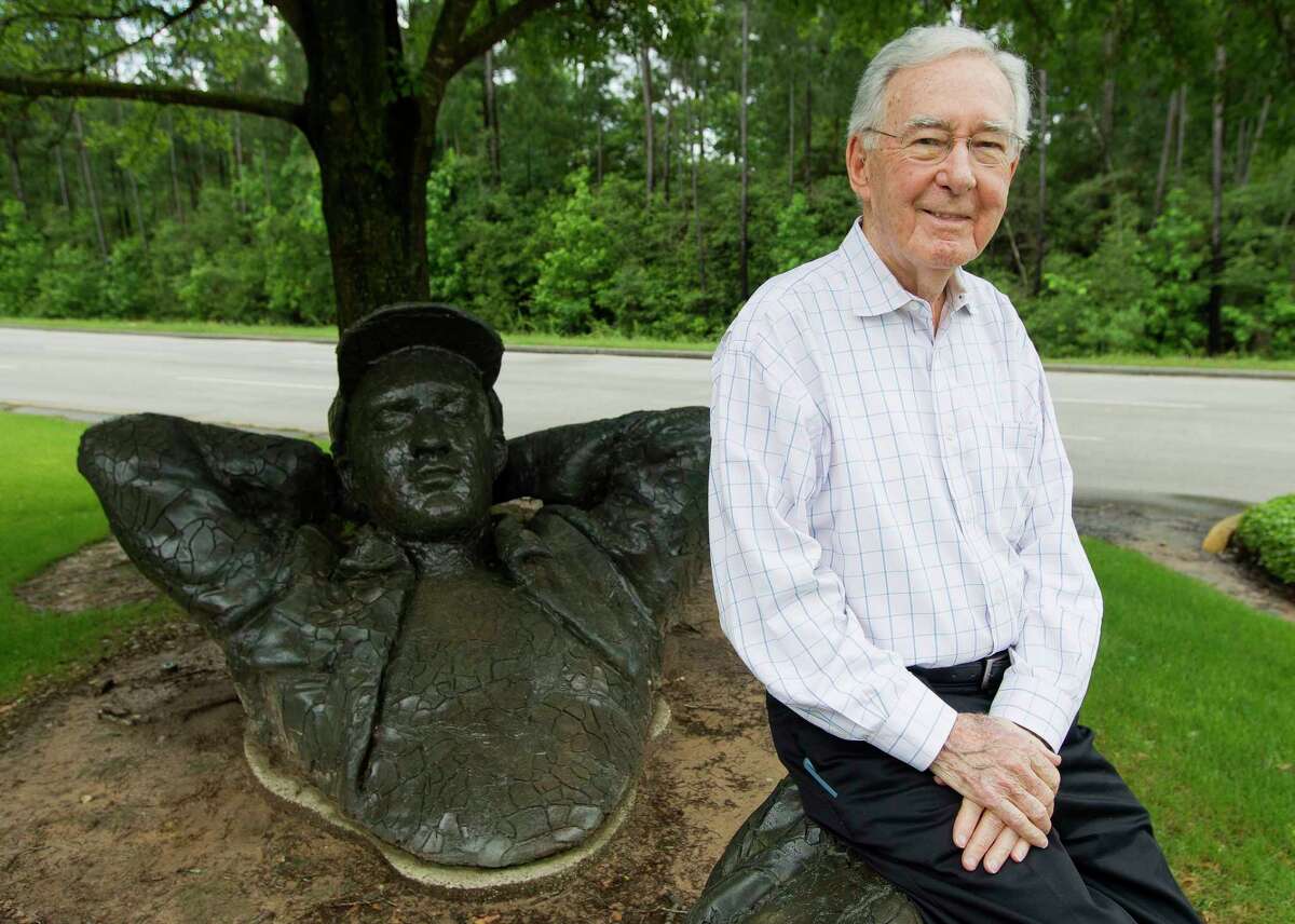 Coulson Tough, 93, poses for a portrait at the sculpture “The Dreamer” by David Phelps, Thursday, April 18, 2019, in The Woodlands. Tough was comissioned by George Mitchell to help design and build The Woodlands. He also helped The Woodlands Township’s collection of 51 outdoor sculptures.
