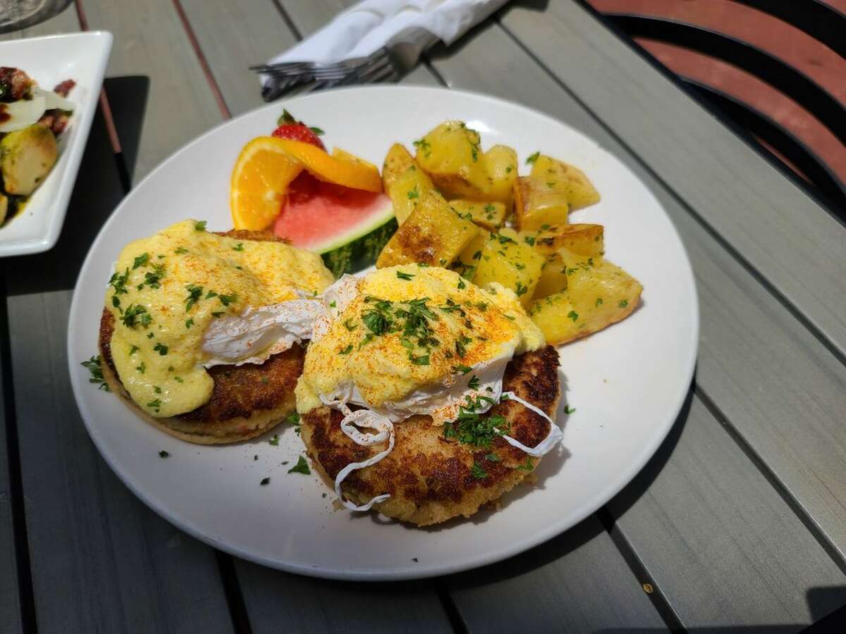 Crab cake eggs benedict at Reverie Cafe in Cole Valley, San Francisco.