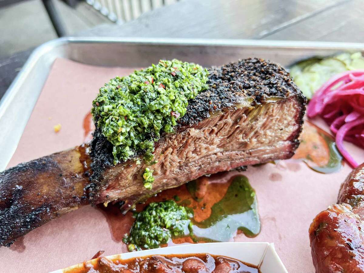 Beef rib with chimichurri sauce at Interstellar BBQ in Austin