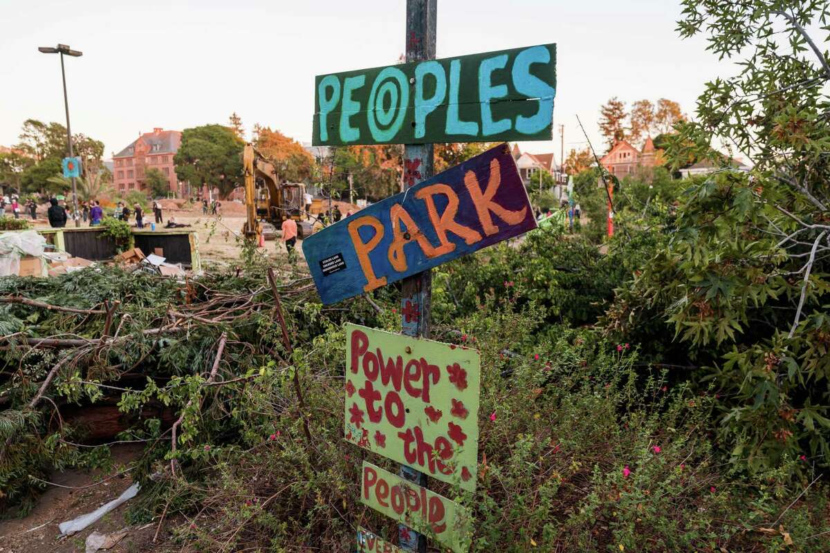 A sign for People’s Park stood on Aug. 3, 2022, as protestors rallied against a UC Berkeley plan for student housing.