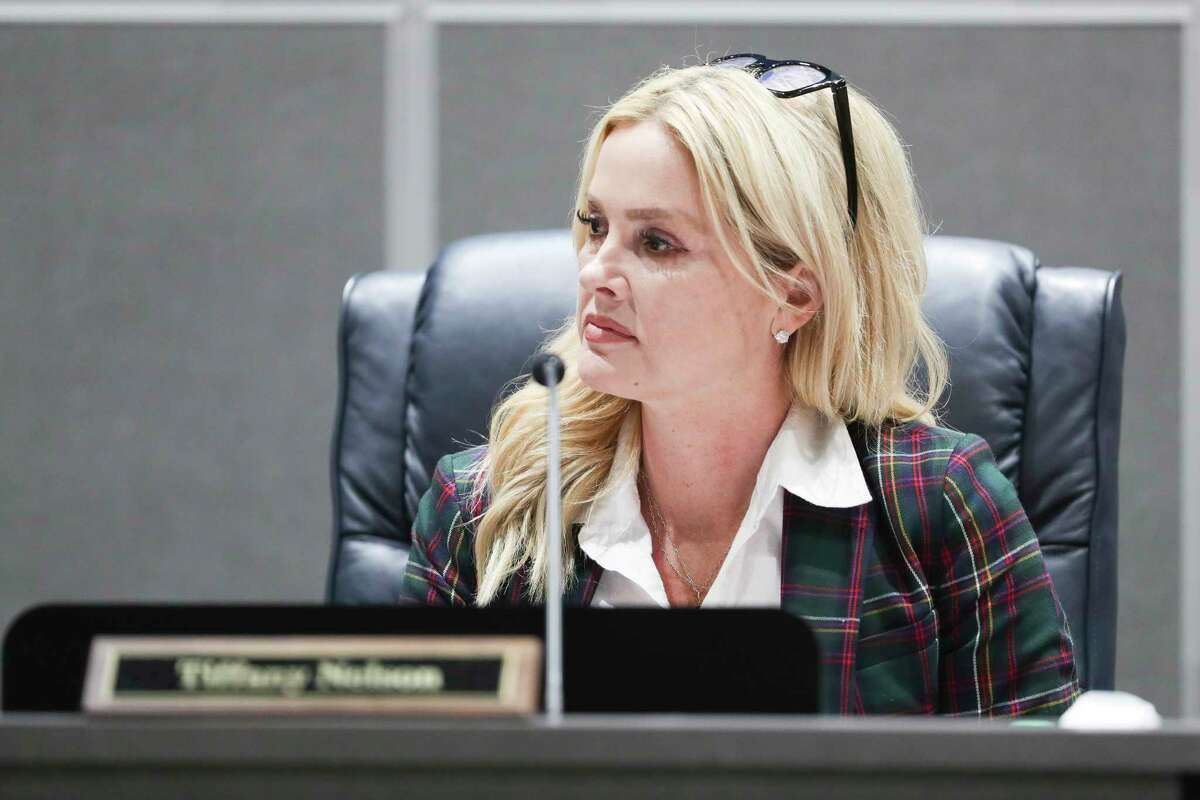 Conroe ISD school board member Tiffany Nelson is seen during a special Conroe ISD board meeting at the Deane L. Sadler Administration Building, Tuesday, Dec. 6, 2022, in Conroe. Nelson, along with Misty Odenweller and Melissa Dungan, ran as a conservative slate known as "Mama Bears.”