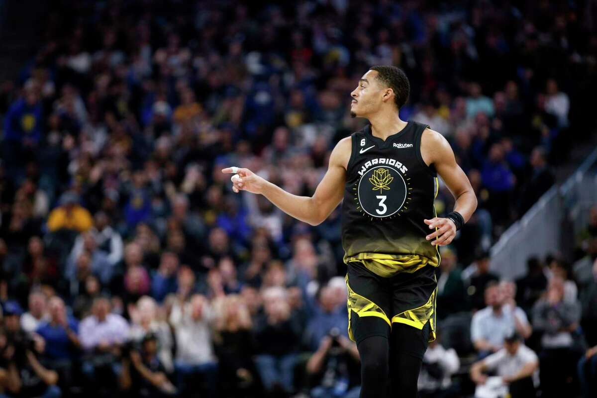 Golden State Warriors guard Jordan Poole (3) after scoring against the Cleveland Cavaliers in the second quarter of an NBA game at Chase Center in San Francisco, Calif., Friday, Nov. 11, 2022.