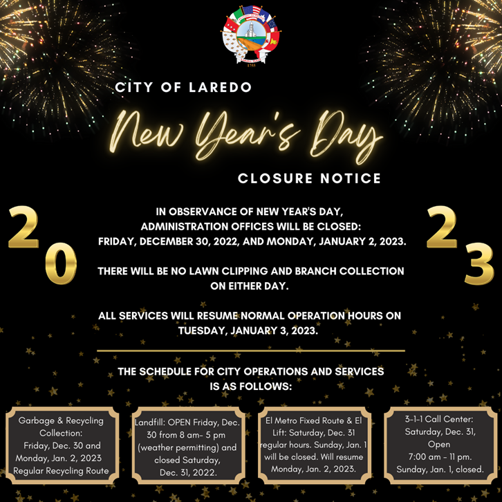 City of Laredo New Year’s Day holiday closures