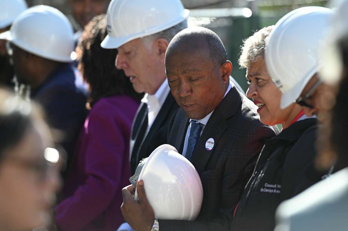 Mayor of Houston Sylvester Turner at a ground breaking for a housing development at 1703 Gray Street that will provide permanent housing for 95 formerly homeless individuals on Oct. 28, 2021, in Houston.