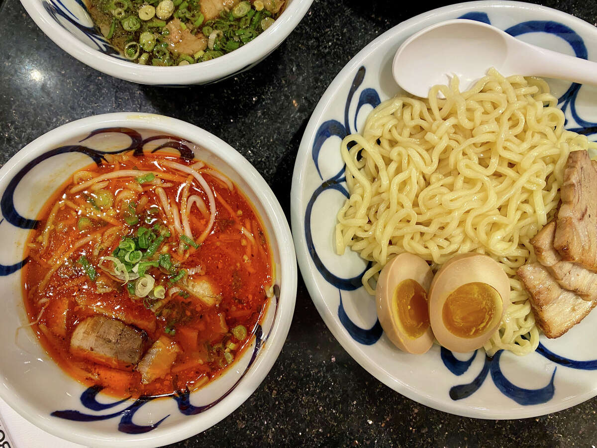 Spicy miso tsukemen with pork belly and a marinated egg at Shugetsu in San Mateo.