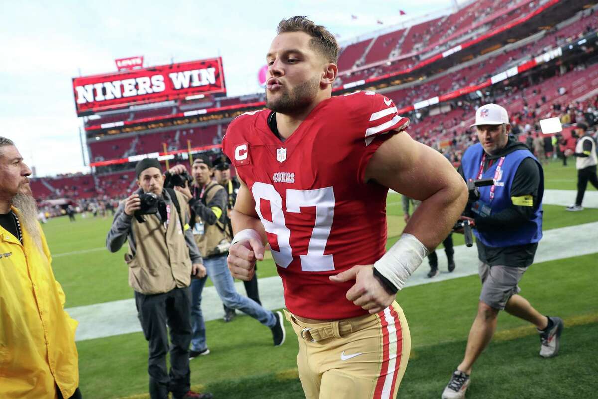 With two regular-season games remaining, Nick Bosa’s league-best 17.5 sacks are two shy of matching the 49ers’ record set by Aldon Smith in 2012.
