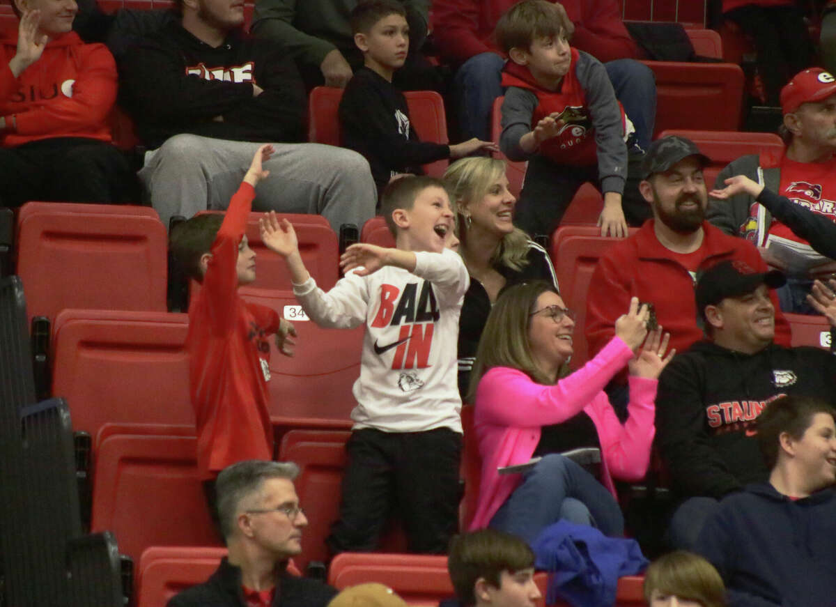 SIUE fans dance for the cameras during the Cougars' 64-51 win over Tennessee Tech on Thursday.