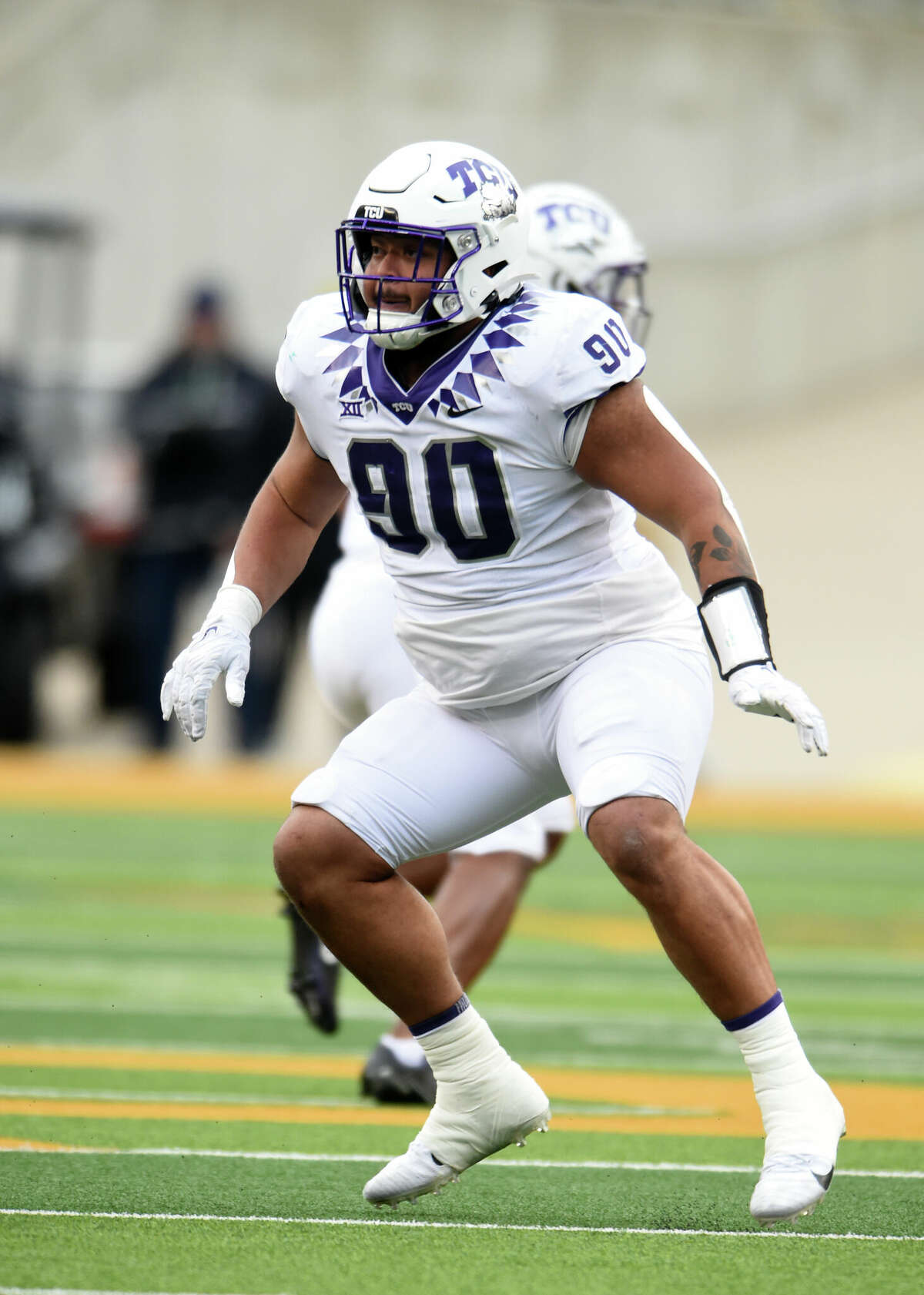 TCU defender Caleb Fox crosses the line during the game against the Baylor Bears on November 19, 2022, at McLane Stadium in Waco.