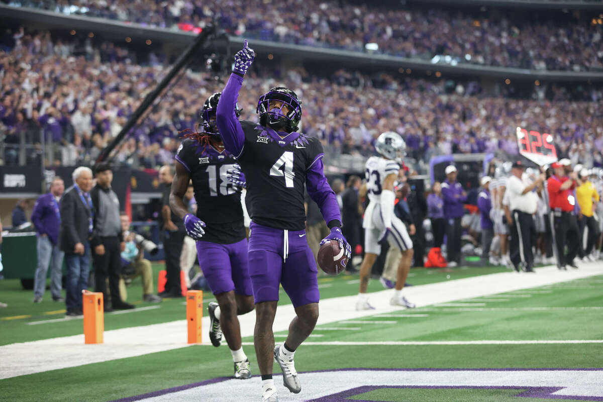 TCU Horned Frogs wide receiver Taye Barber (4) celebrates a goal during the Big 12 Championship game between TCU and Kansas State on December 3, 2022, at AT&T Stadium in Arlington.