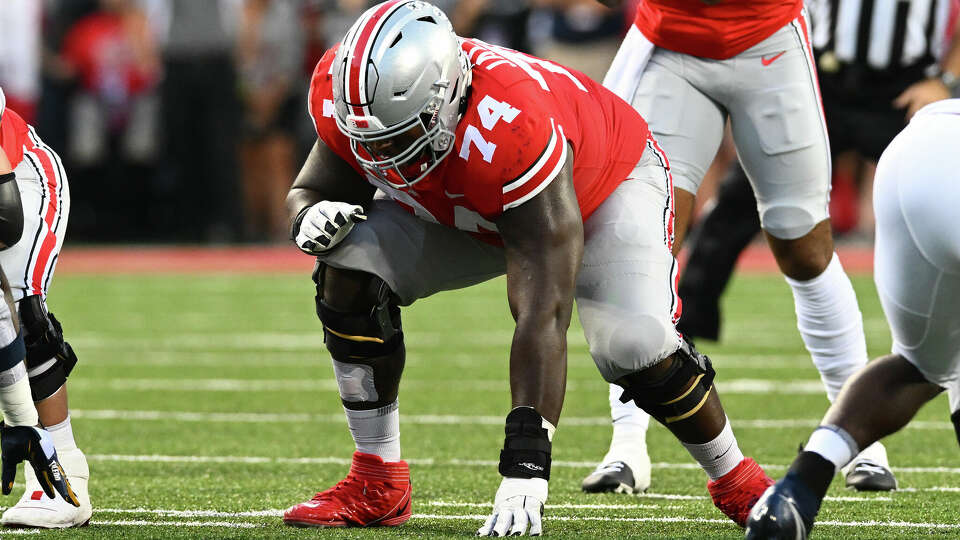 Donovan Jackson of the Ohio State Buckeyes lines up prior to a play during the first quarter of a game against the Toledo Rockets at Ohio Stadium on September 17, 2022 in Columbus, Ohio.