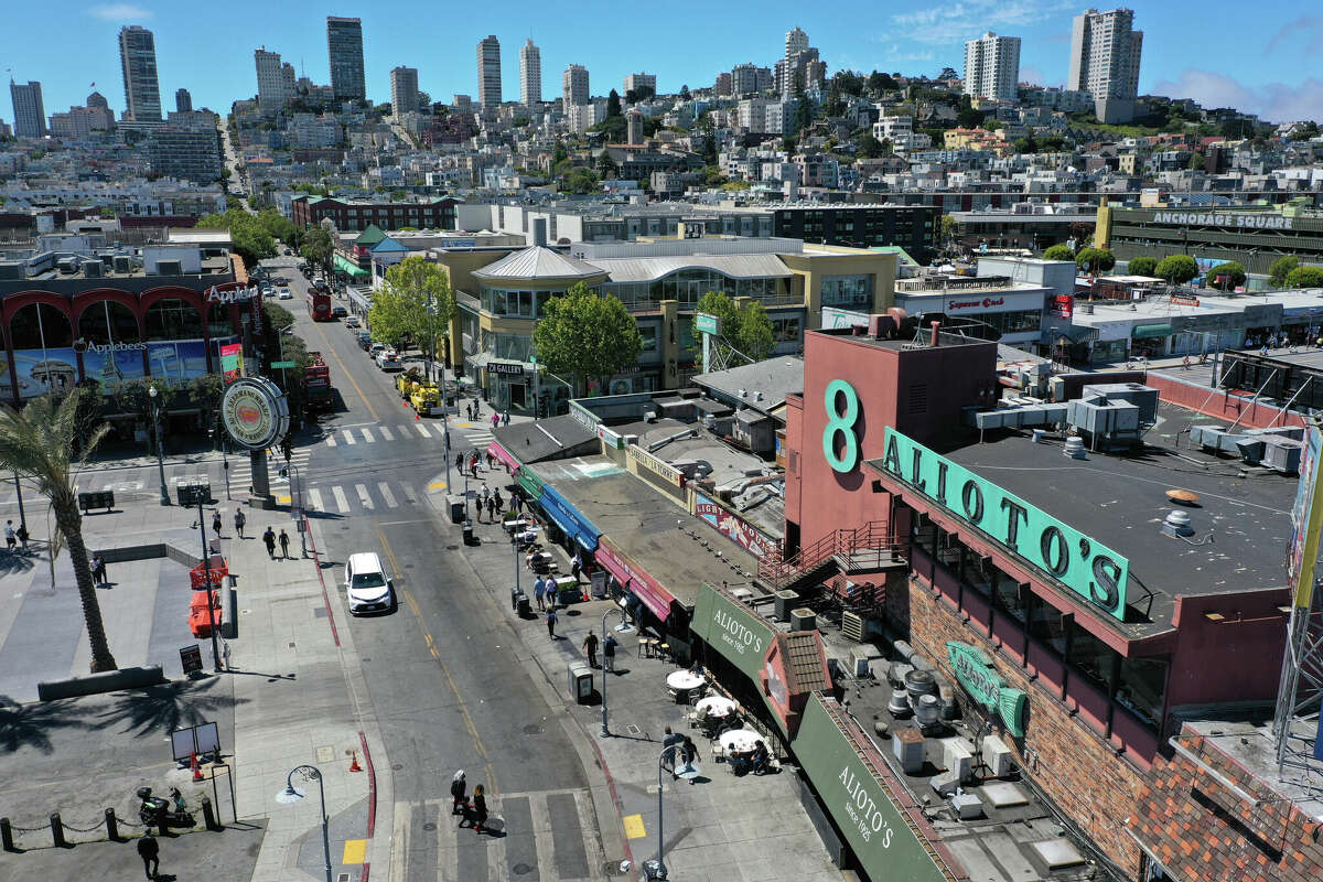 An aerial of Fisherman's Wharf in June 2021.