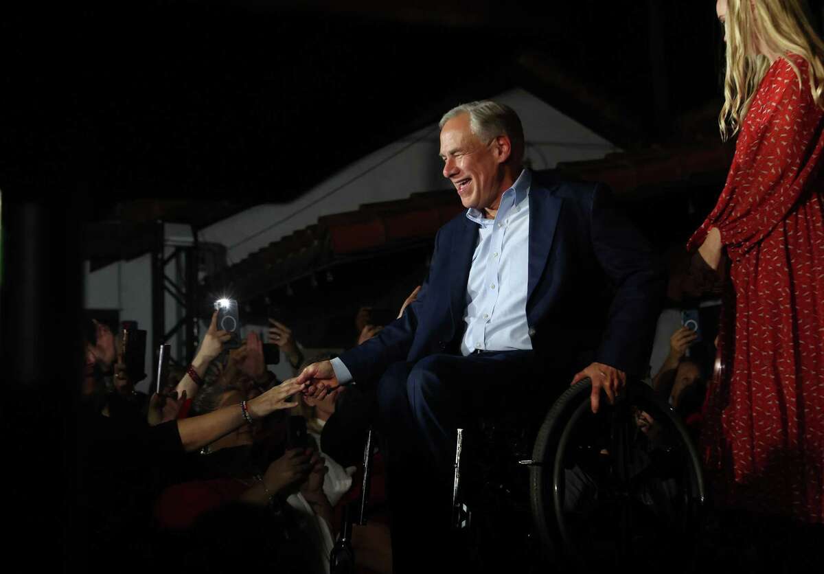 Gov. Greg Abbott hits the stage after he won reelection to his third governor term.