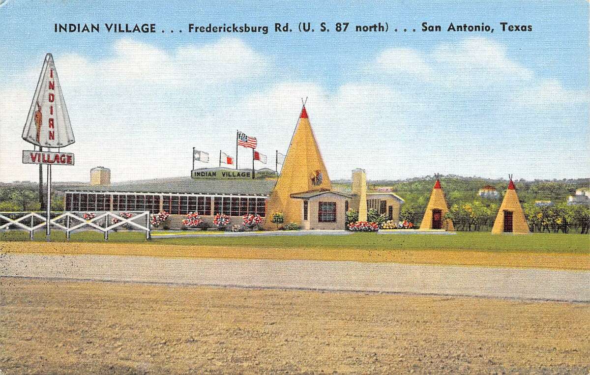 The Indian Village, 4605 Fredericksburg Road, seen here in the 1950s, was one of many midcentury businesses that caught motorists’ eyes with architecture inspired by the tipis of Native Americans of the Great Plains region. Just outside San Antonio’s city limits during the 1950s, the restaurant advertised its steaks as “the best in the West.”