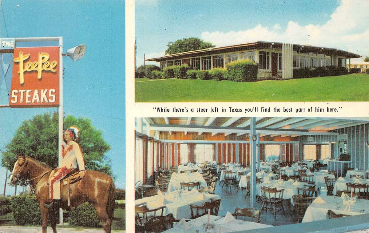 Without its tipi-shape tourist cabins in the 1960s and ’70s, the Tee Pee steakhouse relied on costumed teenage staffers on horseback to evoke the flavor of its “ranch-style steaks (and) old southwestern cordiality,” as promoted on the back of this undated postcard.