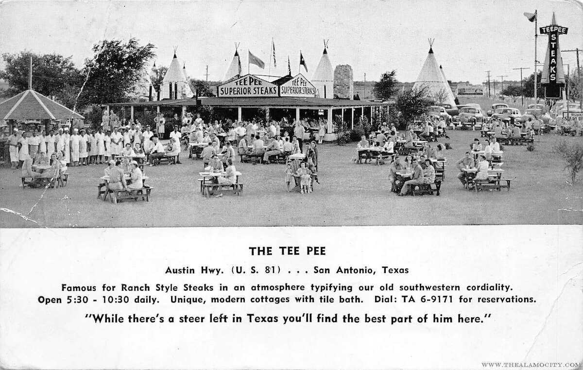 The Tee Pee, 1718 Austin Highway, shown here in the 1940s, was the longer-lived of two tipi-theme steak restaurants in San Antonio. In its earlier years, it also boasted a tourist court with “unique modern cottages” in the eponymous shape. They were torn down in the ’50s, but the restaurant lasted until the late ’80s.