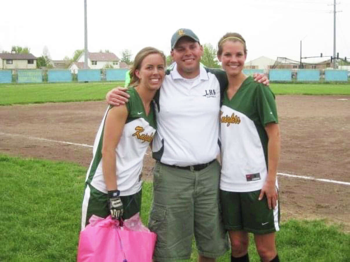 Metro-East Lutheran’s Anna (Arthur) Daniels, left, with coach Rob Stock and teammate Kaitlyn Kollmann during Metro’s Senior Night for softball in 2008.