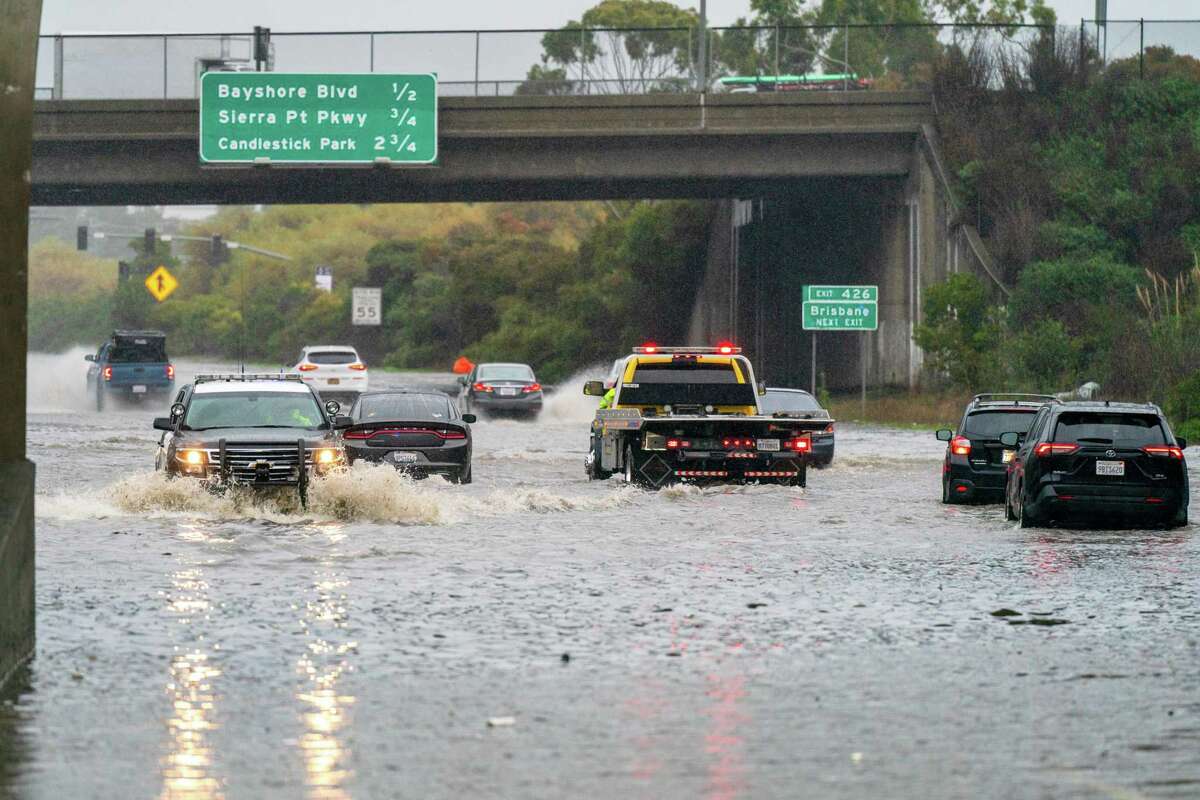 Flooding reaches 3 feet on Highway 101 in South San Francisco on Jan. 31.