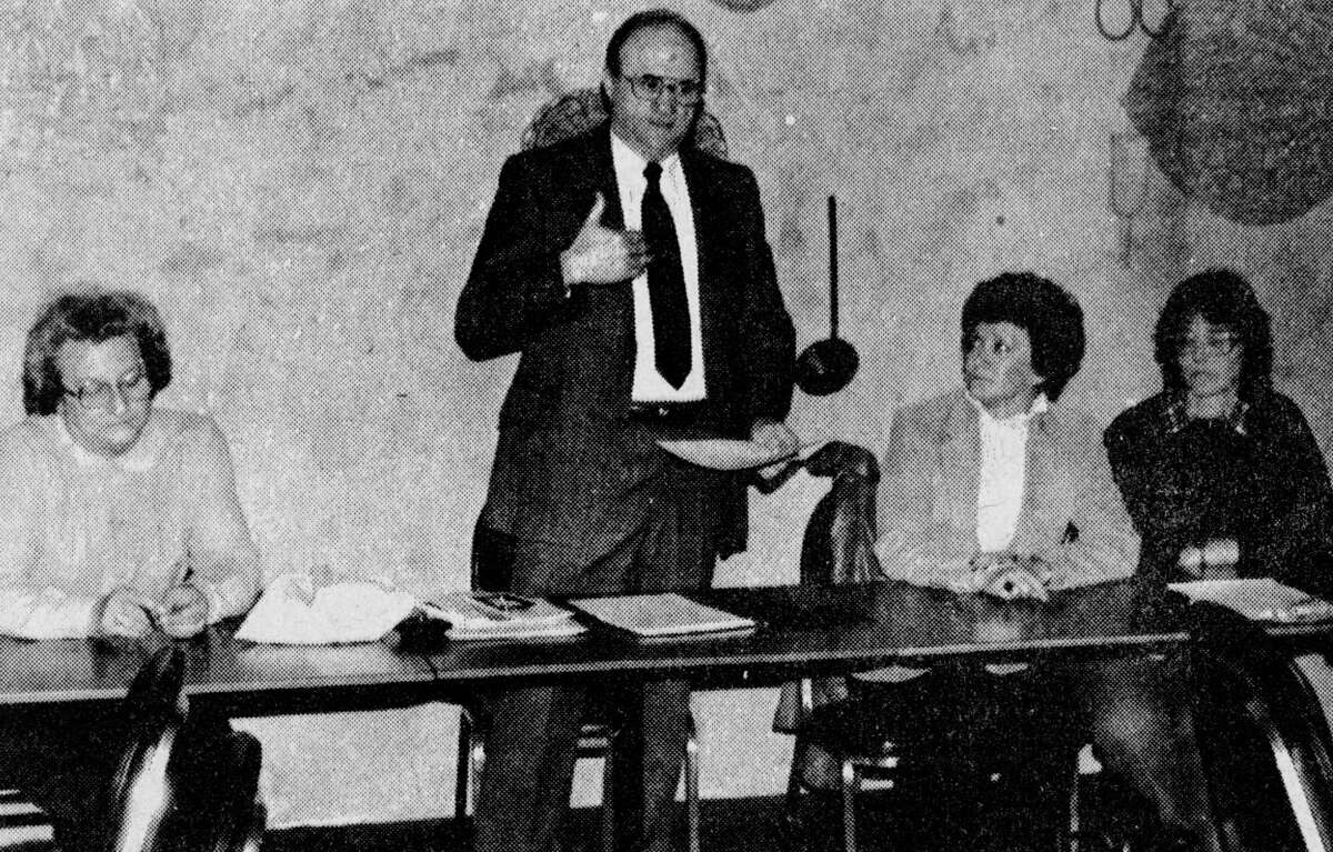 Newly-installed officers of the Manistee Landlords Association pay close attention to advice for cost efficiency in the provision of utilities to a building at the association's meeting at the Carriage Inn restaurant in early Jan. of 1983. Pictured from left to right are: Geneve Harless, secretary; Duane Davis, speaker; Lorraine Conway, vice-president; and Kriste Harlesss, treasurer. The photo was published in the News Advocate on Jan. 4, 1983.