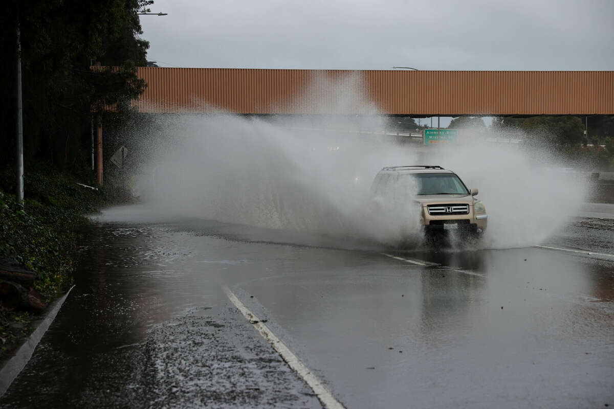 Flooding along Highway 280 in Daly City as severe storms hit Northern California on December 31, 2022.