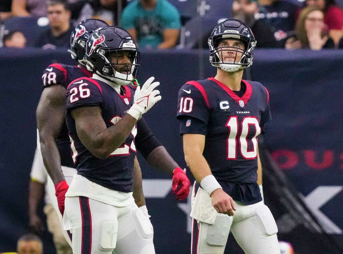 Davis Mills (10) is the only quarterback the Texans have under contract, and the team is looking to had multiple QBs this offseason, either in the draft, free agency or a combination.