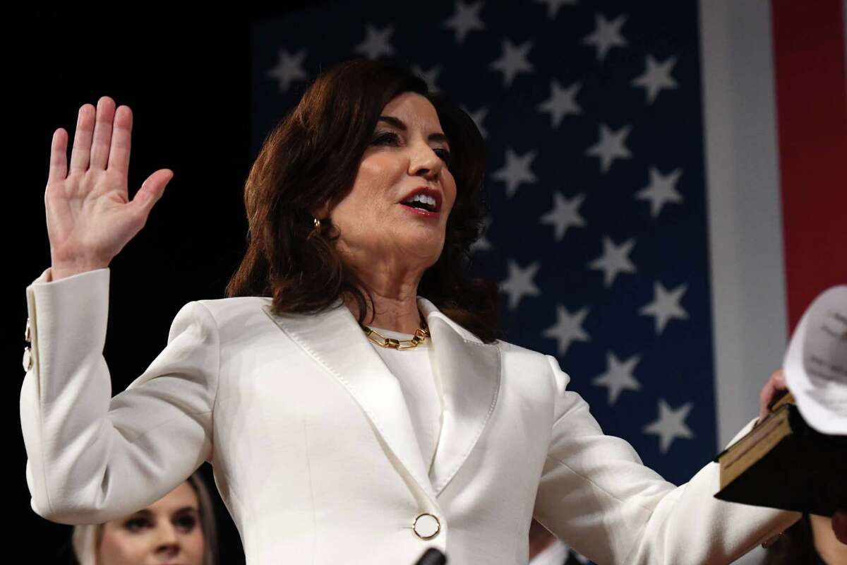 Gov. Kathy Hochul is sworn-in to her first full term as the 57th governor of New York during an inauguration ceremony on Jan. 1, 2023, at the Empire State Plaza Convention Center in Albany, N.Y.