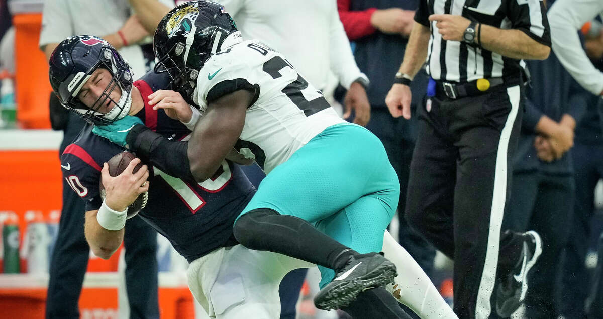 Houston Texans tight end Brevin Jordan (9) jogs off of the field at the end  of the first half of an NFL football game against the Jacksonville Jaguars,  Sunday, Sept. 24, 2023