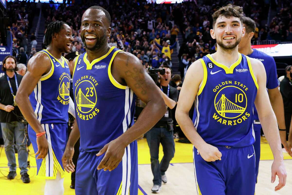 Golden State Warriors guard Ty Jerome (10) dribbles with the ball during  the second half of an NBA basketball game against the Washington Wizards,  Monday, Jan. 16, 2023, in Washington. The Warriors