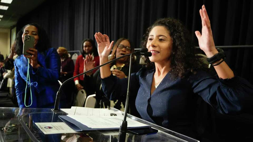 Harris County Judge Lina Hidalgo speaks during the county swearing in ceremony at NRG Center on Monday, Jan. 2, 2022, in Houston.